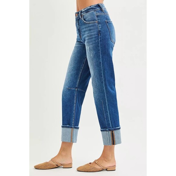 RISEN High Rise Straight Jeans with Distressed Hem - Picture 4 of 6